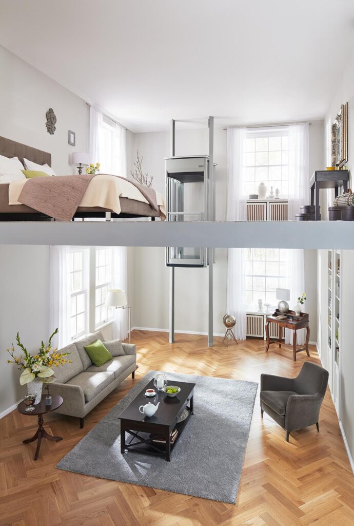 A view of two floors in a home with a homelift installed to be able to move between the two