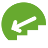 Green icon representing evacuation down stairs with a white arrow pointing downwards
