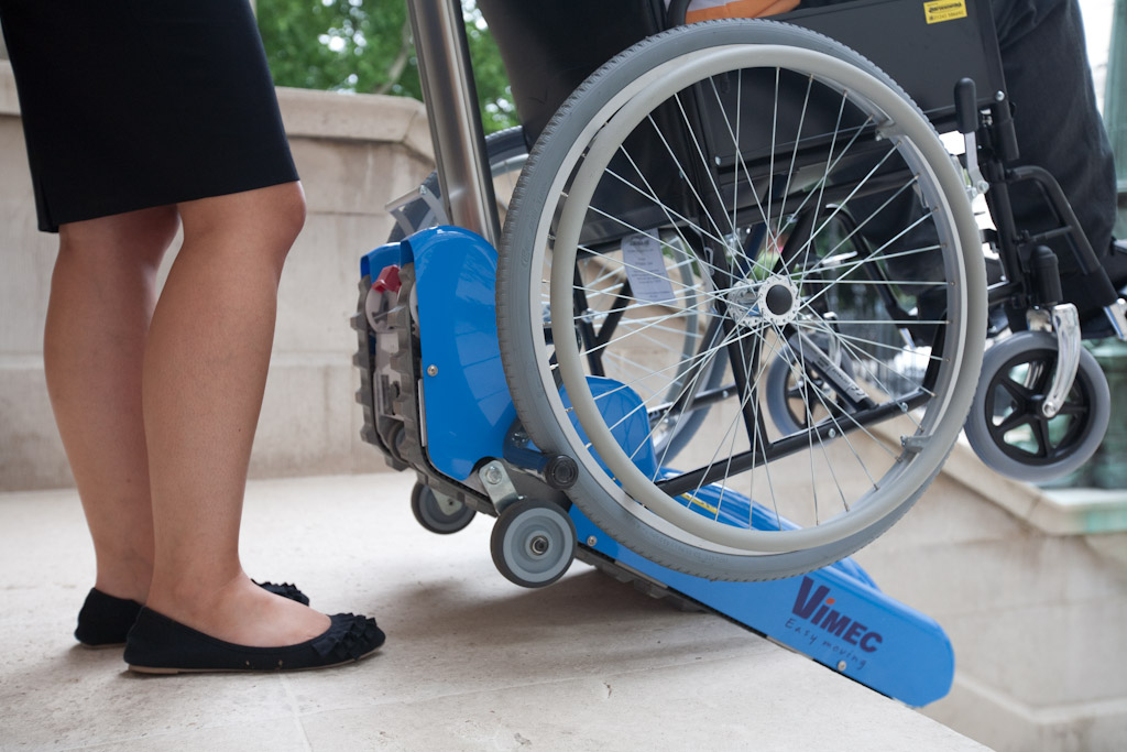 closeup view of a wheelchair wheel on a T09 stairclimber