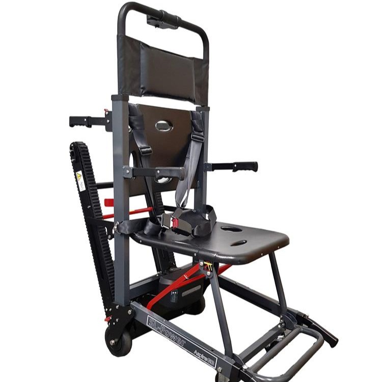 A side view of a powered evacuation chair with a white background